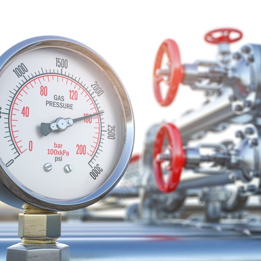 Gas pression gauge meters on gas pipeline. Gas extraction, production, delivery and supply concept. 3d illustration